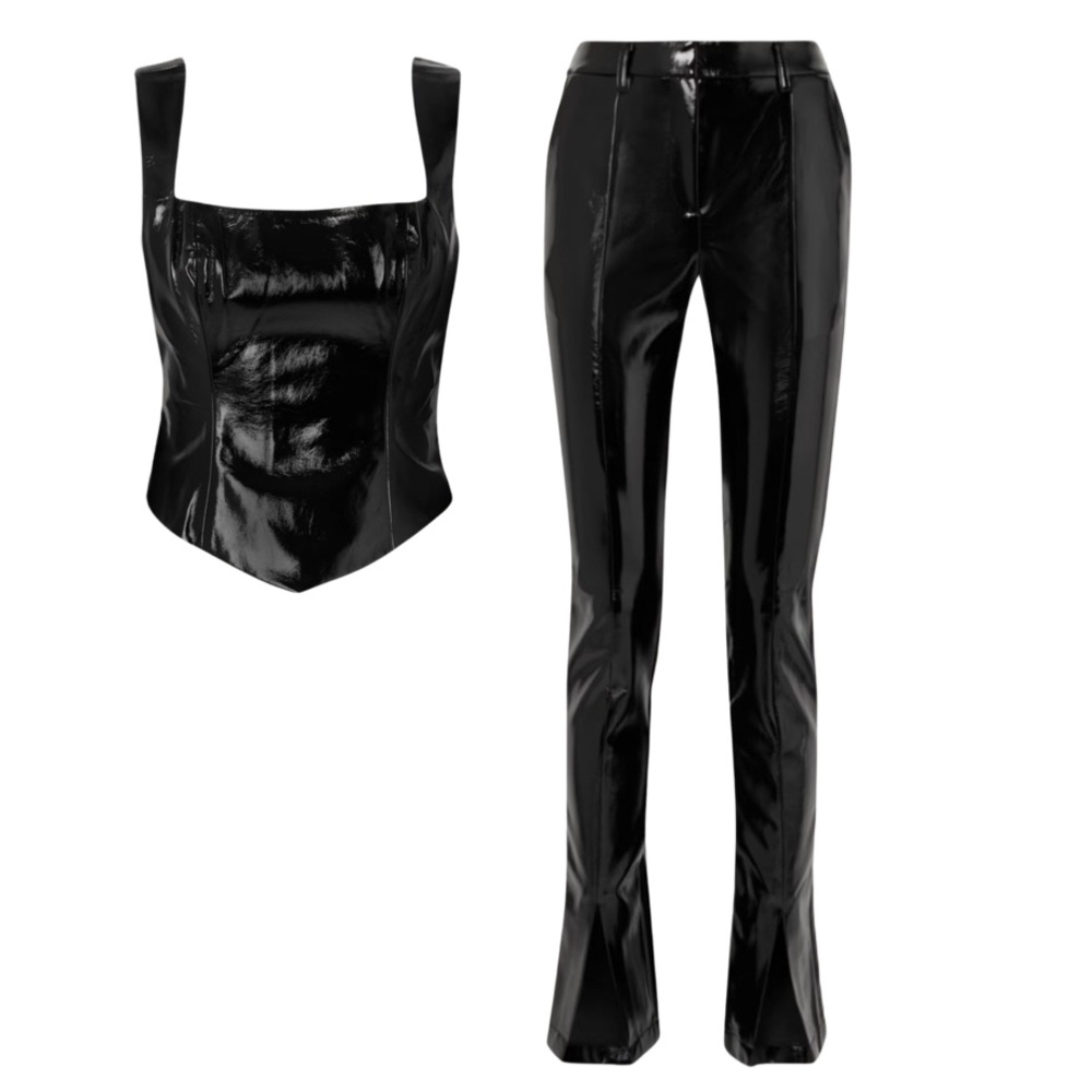 DE LA VALI crinkled faux patent-leather Top & Pant Set Black UK6 NWT